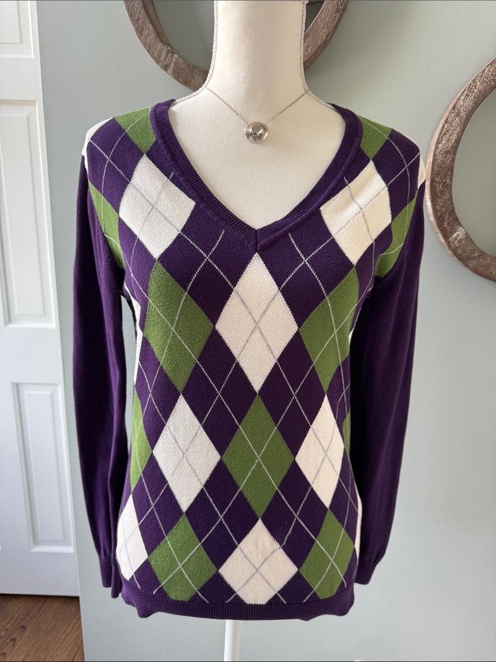 Tommy Hilfiger Purple, White & Green Argyle V-Neck Sweater